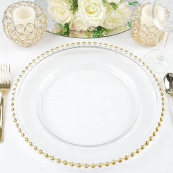Clear Charger Plate - Beaded with Gold Trim